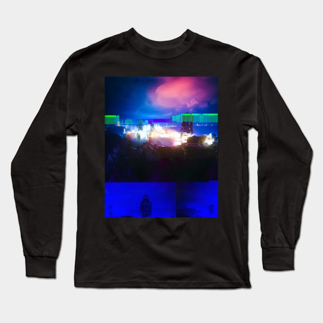 Cyborg Astronaut Gazing and Lit-up City Glitch Art Long Sleeve T-Shirt by GLITCH.HUB